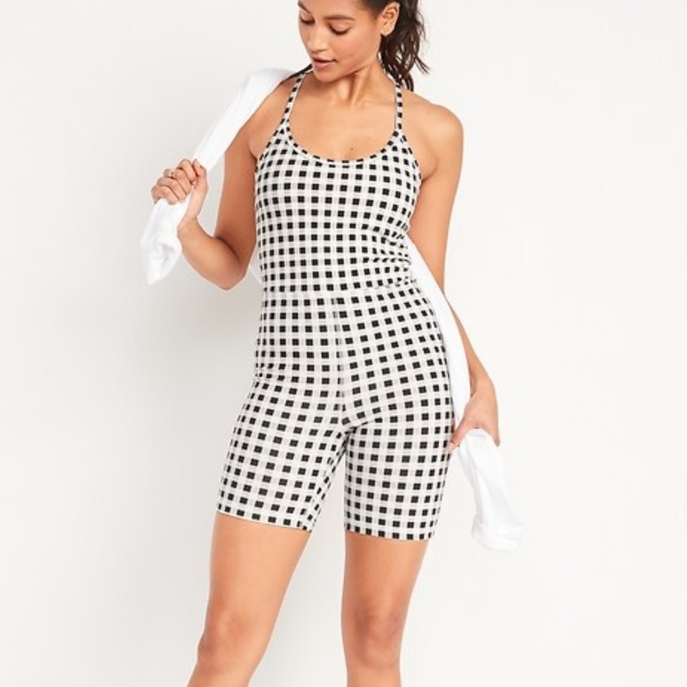 Old Navy Active Black and White Gingham Checkered PowerChill Racerback Romper